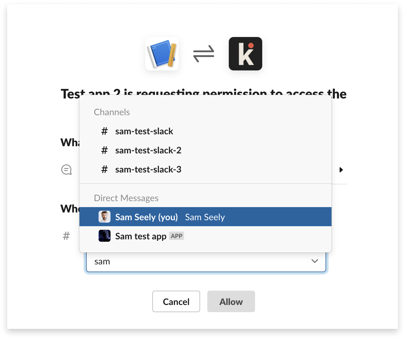 An example of selecting a Direct Message in an OAuth flow